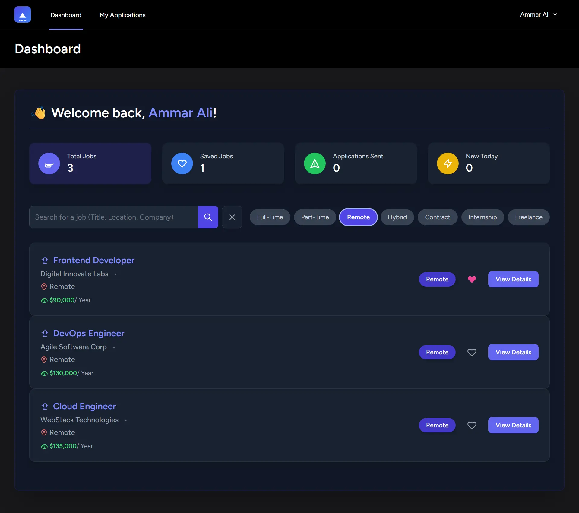 تطبيق وظائف - صفحة لوحة التحكم