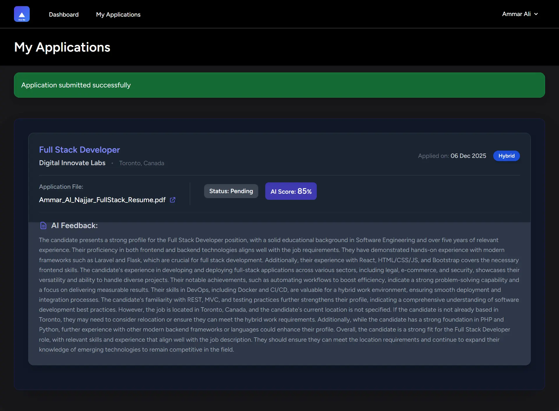 تطبيق وظائف - صفحة التغذية الراجعة من AI